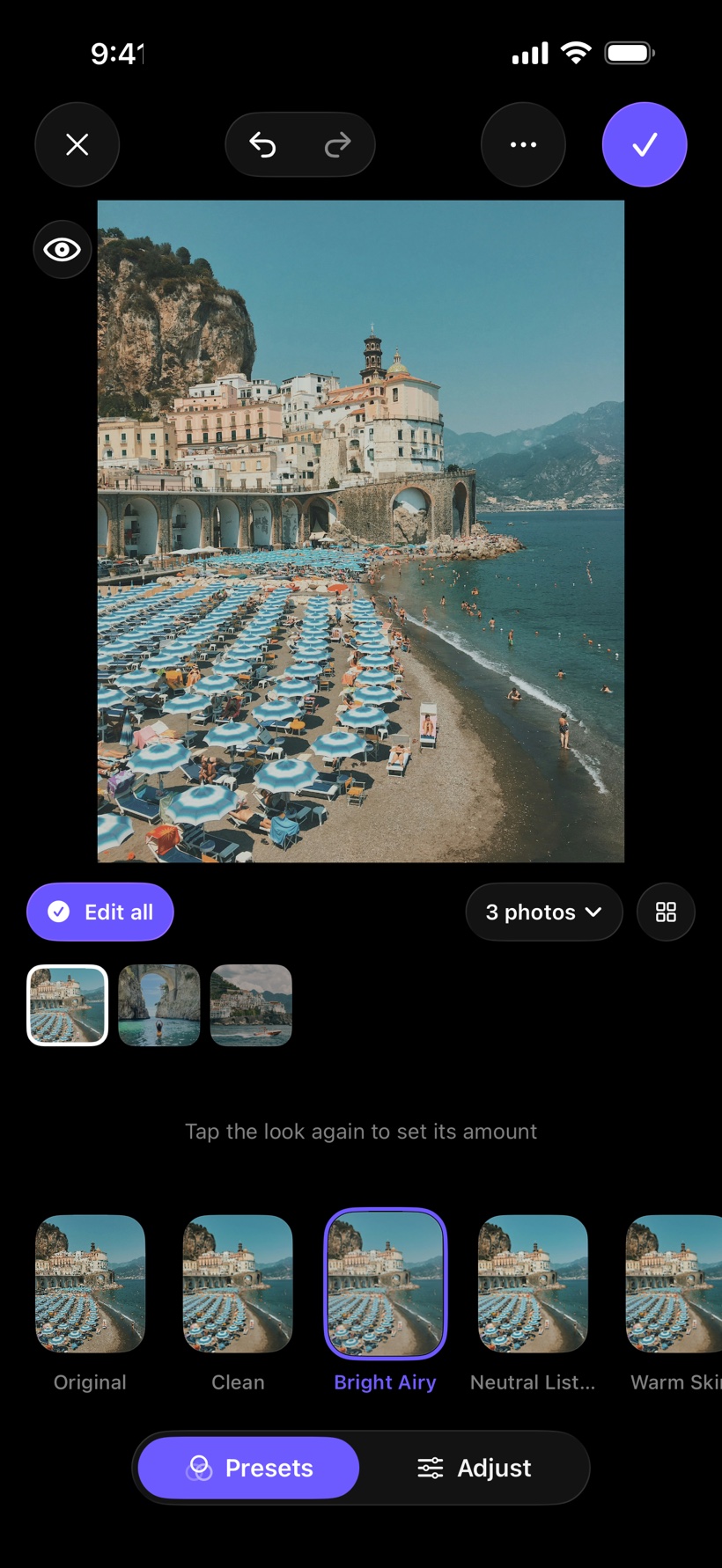 The set editor: three Amalfi photos, Edit all, Bright Airy chosen