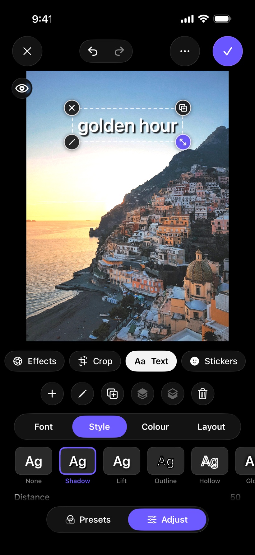 The text tool: golden hour in a shadow style over Positano